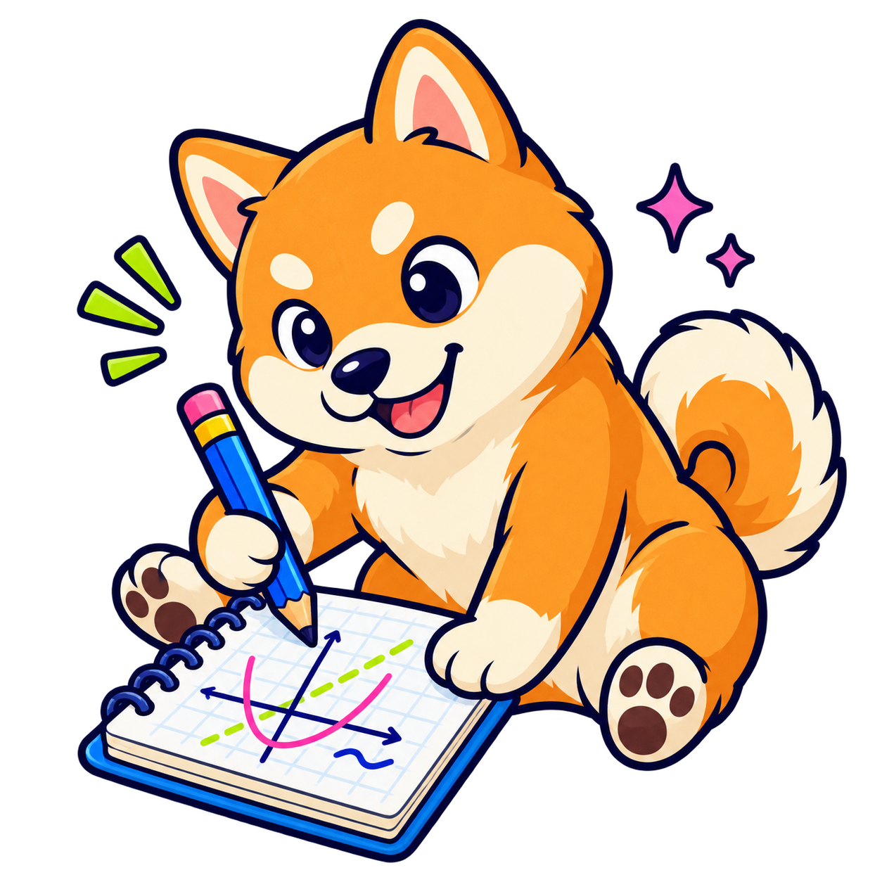 A cheerful Shiba Inu working through a math problem in a notebook